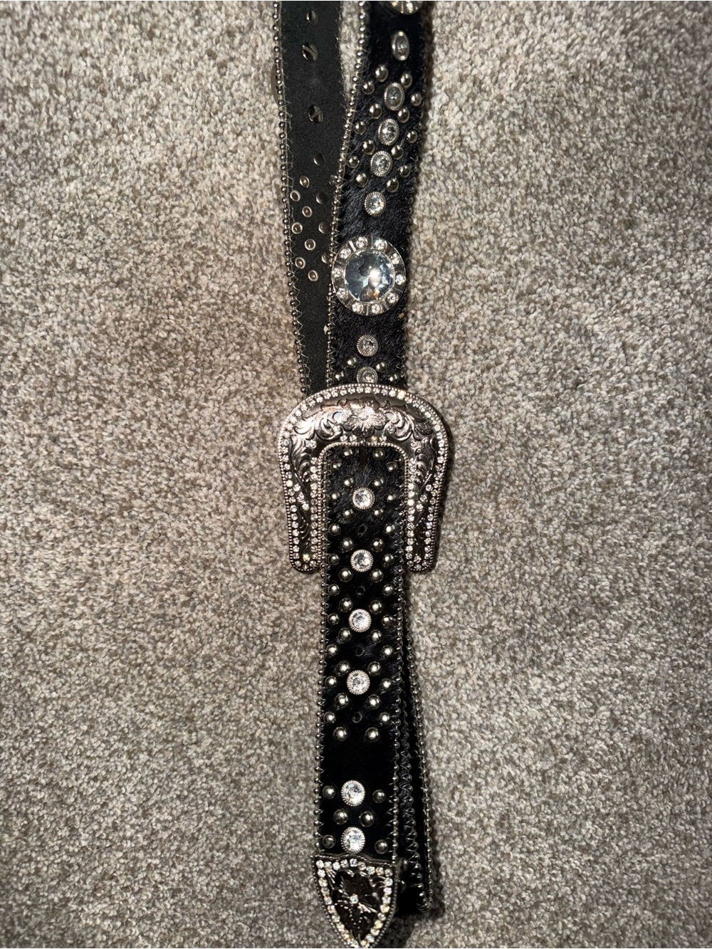 Western Rhinestone & Studded Black‎ Hair-on-Hide Leather Belt